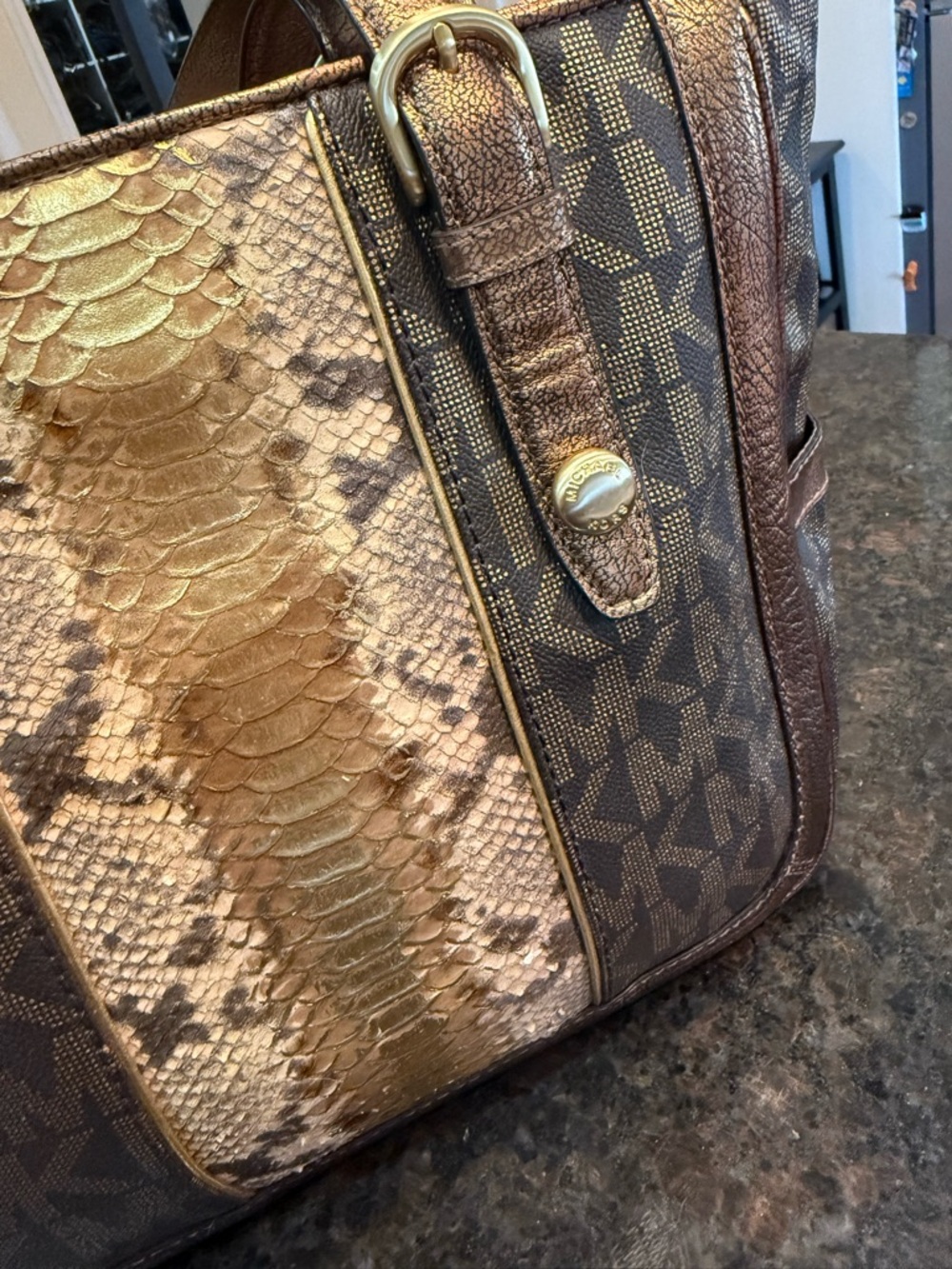Vintage Michael Kors Brown & Gold Logo Tote with Snake-Print Center - Picture 8 of 13
